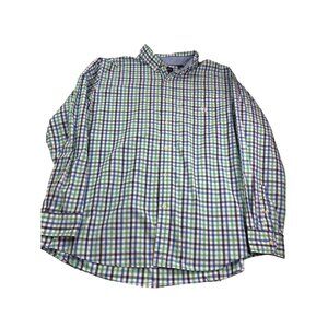 Chaps Mens Easy Care Checkered Plaid Dress Shirt Size XXL Navy Blue Green White